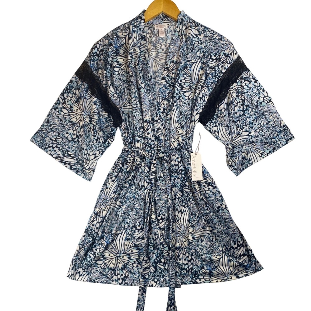 Ambrielle Sleepwear Womens Blue Butterfly Print Lace Trim Short Robe Small NWT